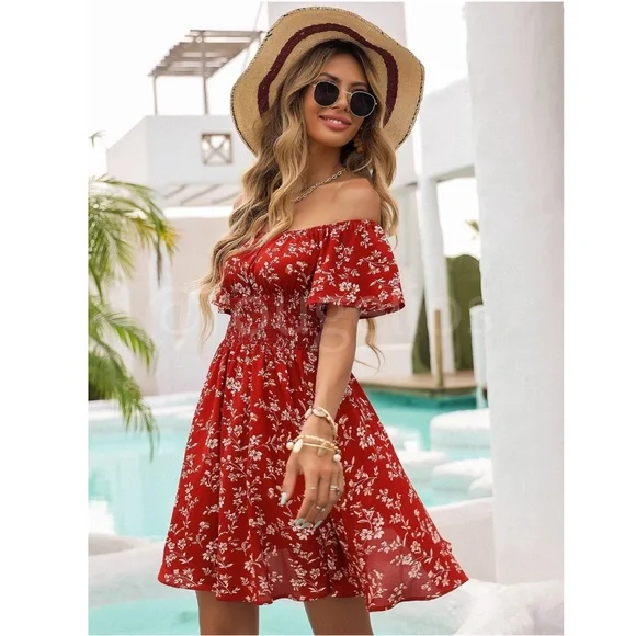 Off Shoulder Red Floral Mini Dress Short Butterfly Sleeve Fit and Flare Shirred - Picture 4 of 7